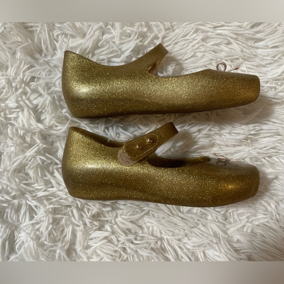 Mini Melissa Mary Jane Ballet Flats Shoes Ballerina Gold Bow Glitter Girls 10 - Picture 4 of 8
